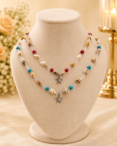 NECKALCE SHELL W/METAL STARFISH PENDANT