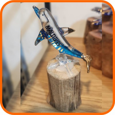 GLASS SEA ANIMAL PAINTED W/WOOD BASE SMALL - DOLPHIN STRIGHT
