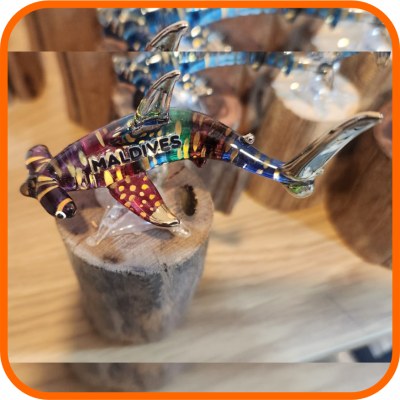 GLASS SEA ANIMAL PAINTED W/WOOD BASE SMALL - HAMMER HEAD